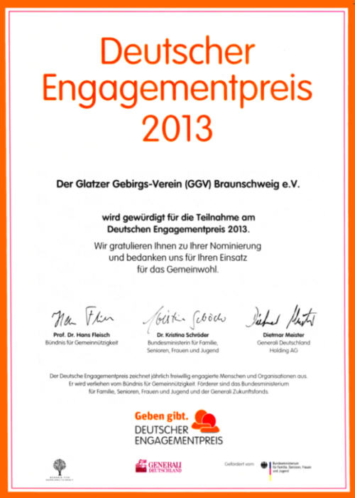 Urkunde für GGV: Teilnahme am Deutschen Engagementpreis 2013