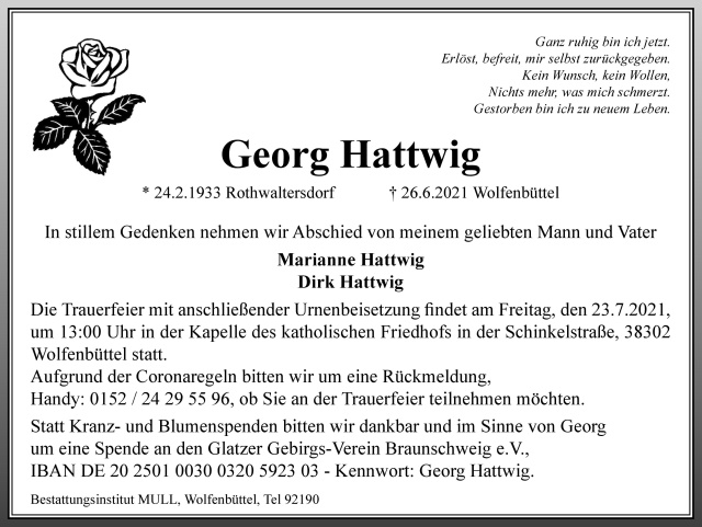 Traueranzeige der Familie für Georg Hattwig in der Wolfenbütteler Zeitung vom 17.07.2021