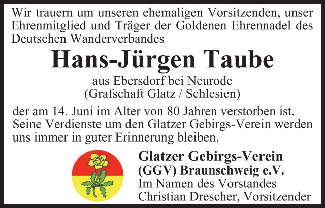Nachruf für Hans-Jürgen Taube in der Braunschweiger Zeitung vom 19.06.2020