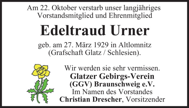Nachruf für Edeltraud Urner in der Braunschweiger Zeitung vom 08.11.2019